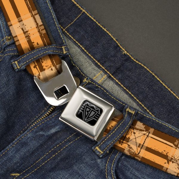BD Wings Logo CLOSE-UP Black Silver Seatbelt Belt - Plaid Weathered Browns Tans Webbing Cheap - Image 2