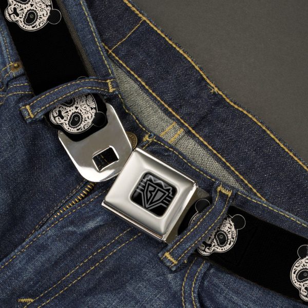 BD Wings Logo CLOSE-UP Black Silver Seatbelt Belt - Panda Bear Sugar Skull Black Cream Webbing For Cheap - Image 2